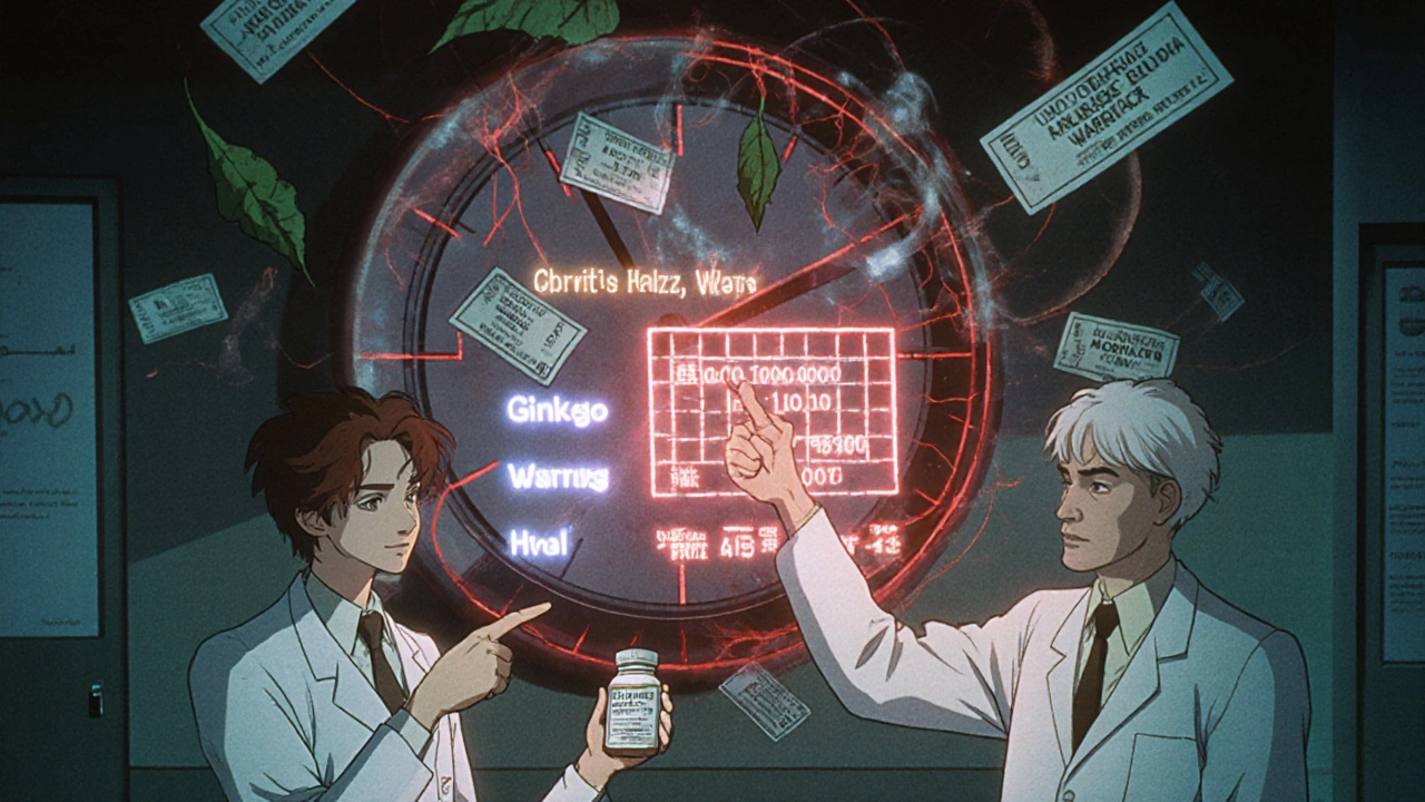 A doctor and pharmacist warning a patient about herbal and prescription drug interactions causing bleeding risks.