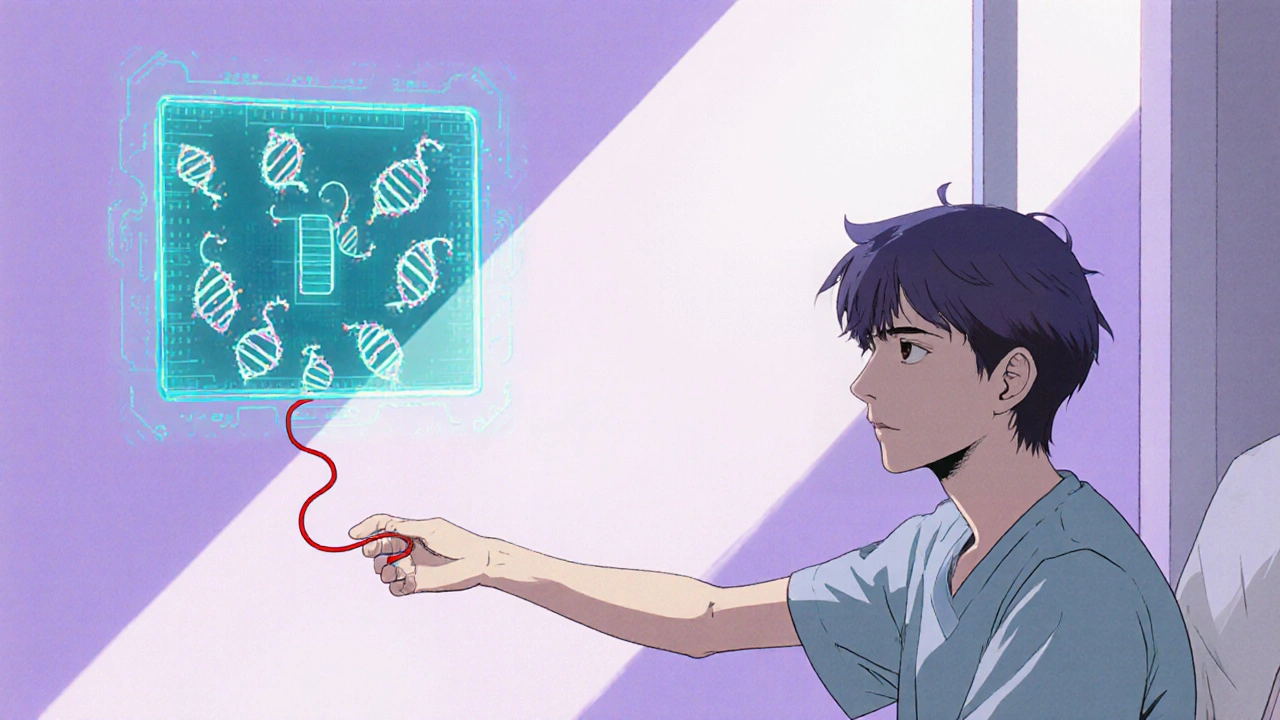 A patient in a clinic with a glowing DNA thread extending from their arm into digital gene patterns.