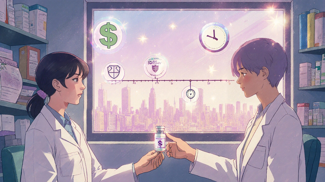 A pharmacist gives a biosimilar to a patient with icons of savings and safety floating nearby.