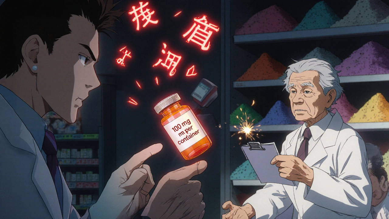A pharmacist warns a patient about a dangerously mislabeled vial, with floating red warning symbols.
