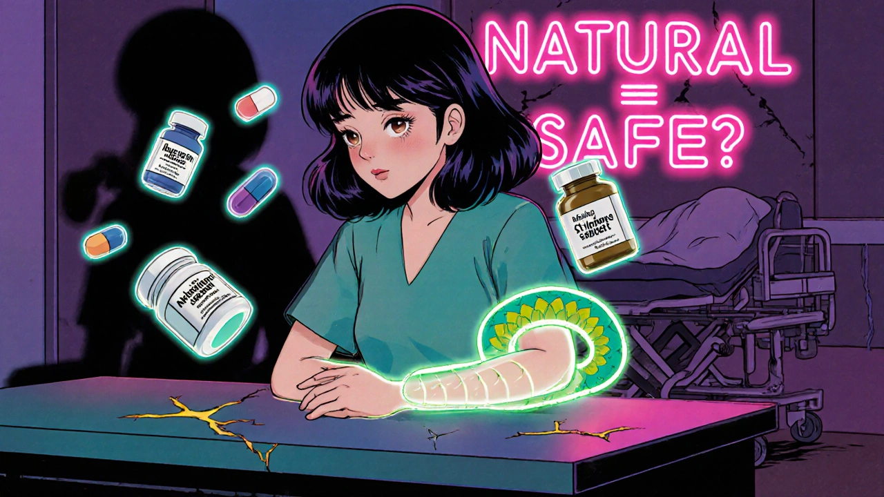 A woman surrounded by OTC pills and a serpent representing dangerous drug interactions, in retro anime style.
