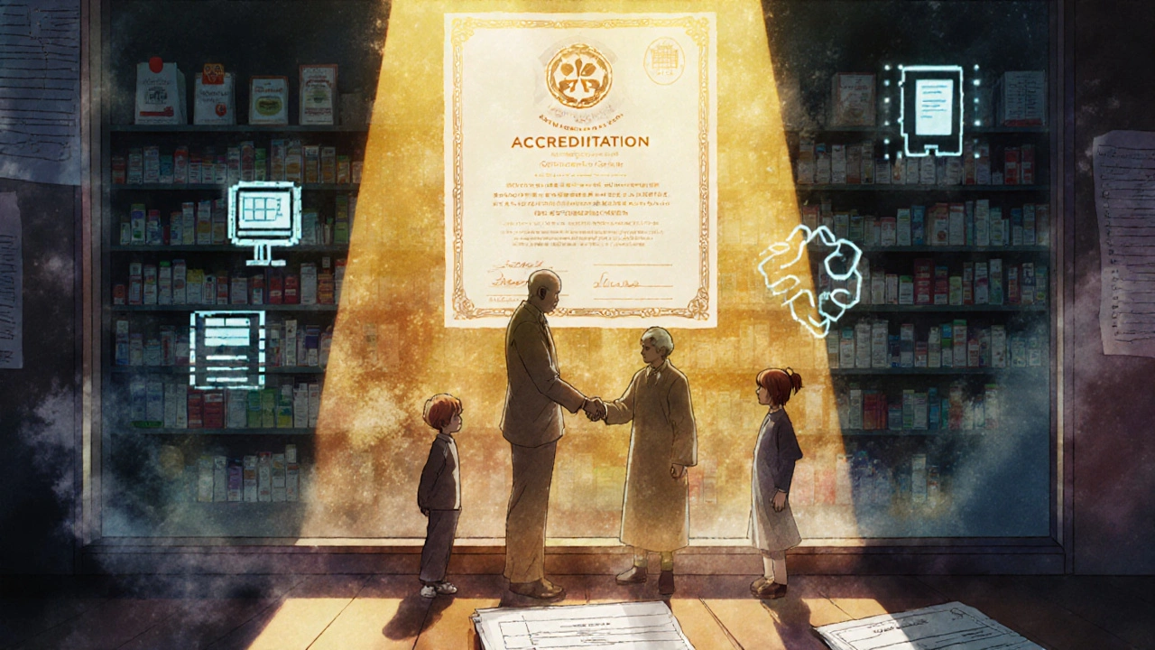 An accreditation certificate glows as patients stand safely behind glass, with human and AI hands united.