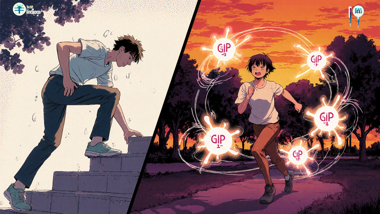 Before and after: person struggling vs running, with glowing hormones in retro anime style