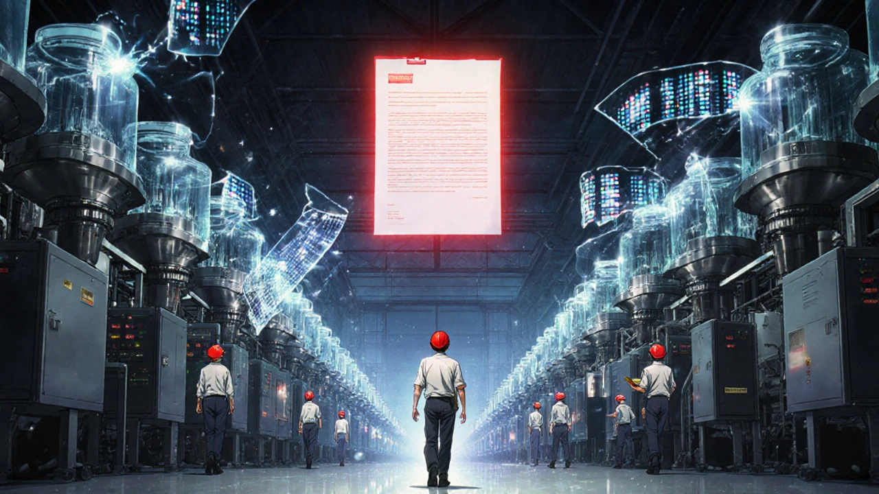 Chinese pharmaceutical plant with glowing falsified data streams shattering above malfunctioning machines.