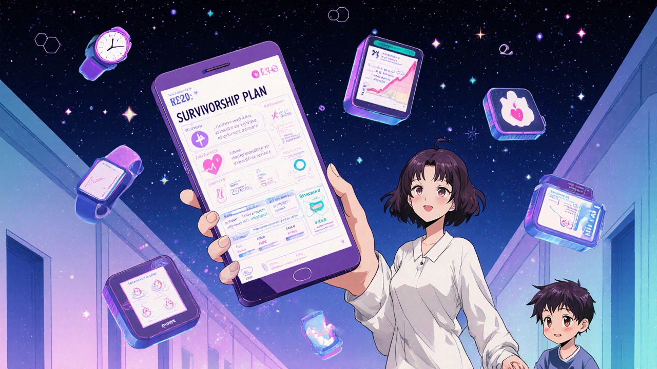 Digital survivorship plan floating above a phone with health alerts and wearables in neon pastel anime style