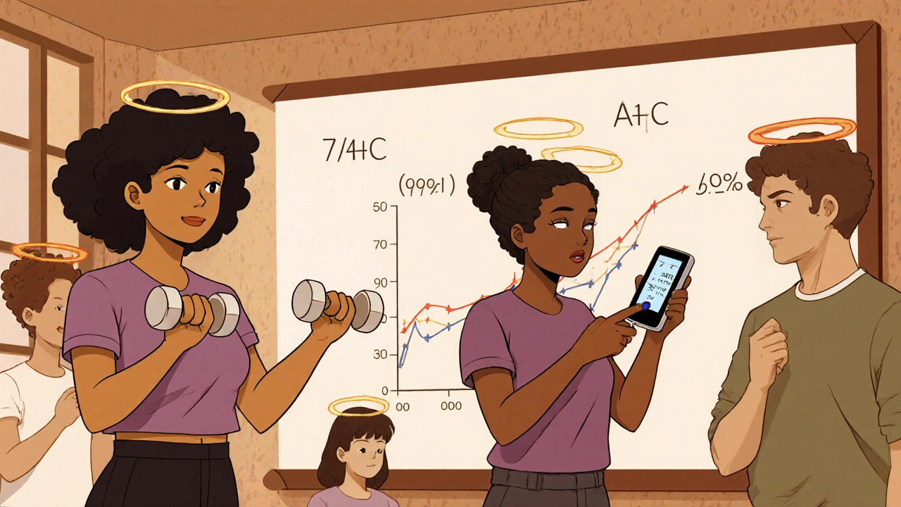 Diverse group exercising in community center with A1C chart on wall, anime-style determination halos.