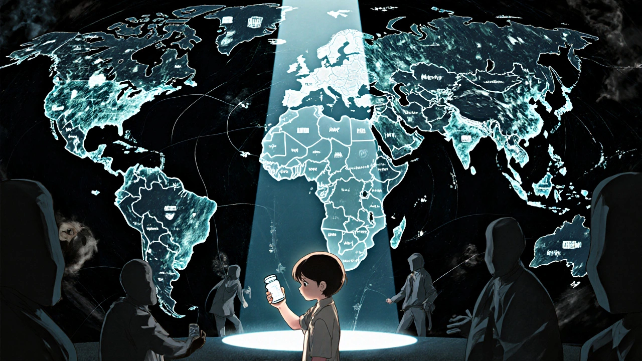 Global data network connecting patients to WHO hub, with misinformation trying to disrupt the flow.