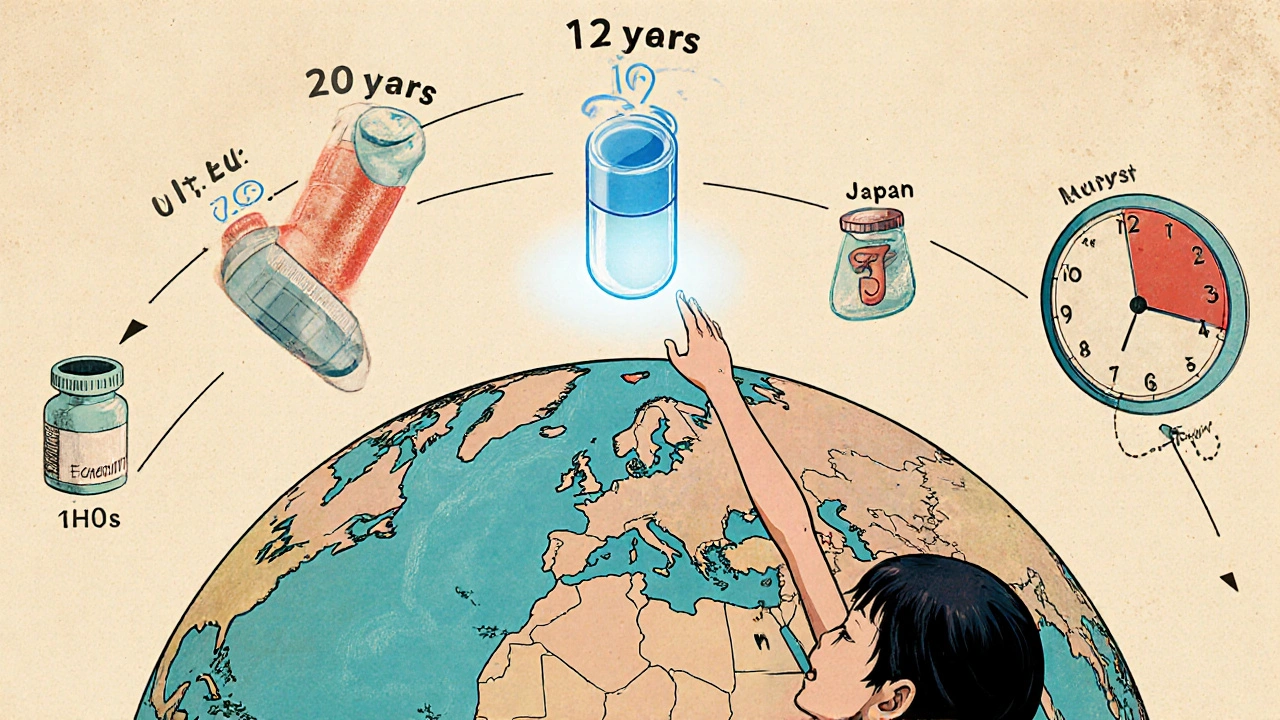 Globe with country timelines and child reaching for glowing generic pill in retro anime style
