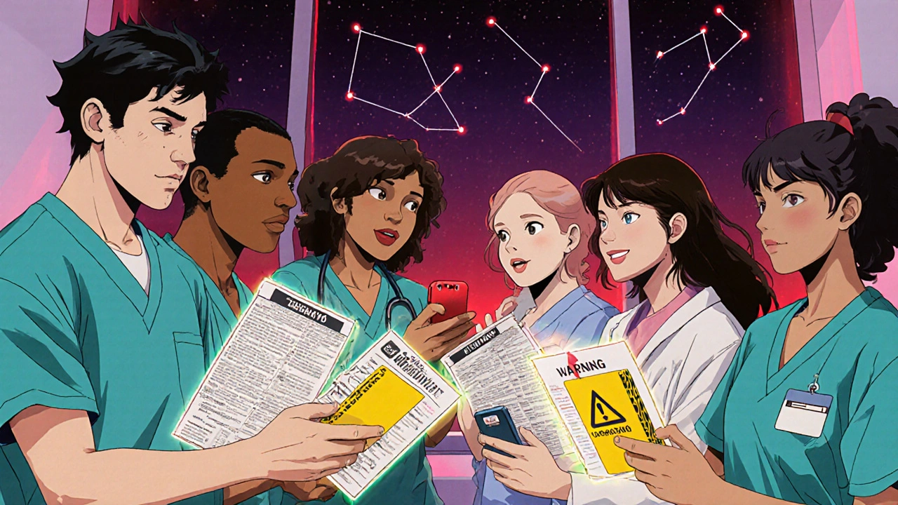 Healthcare workers sharing medication safety toolkits and using a reporting app in a hospital break room.