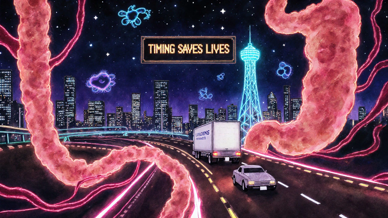 Human body as a city with antibiotic car avoiding antacid truck on glowing highways at night.