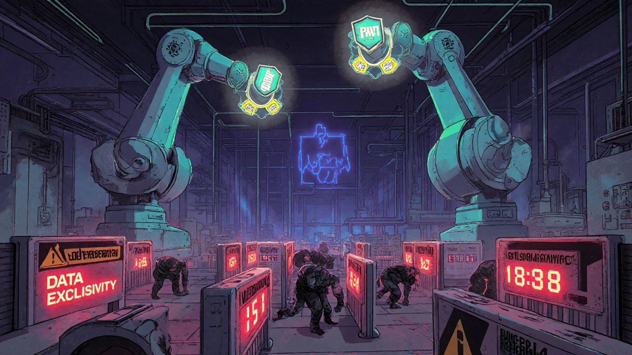 Mechanical factory with patent shields and generic makers navigating legal maze in retro anime style