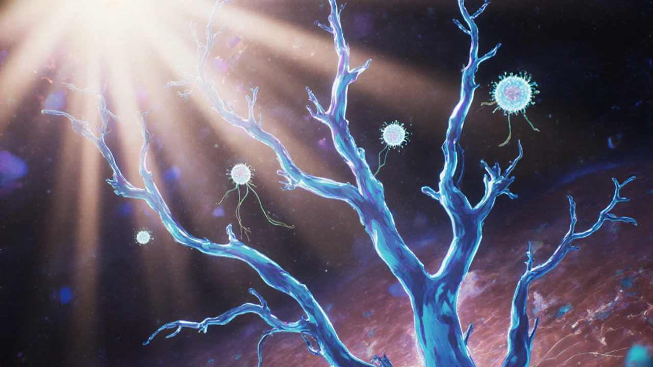 Microscopic view of glowing blood vessels and collagen-producing cells in skin