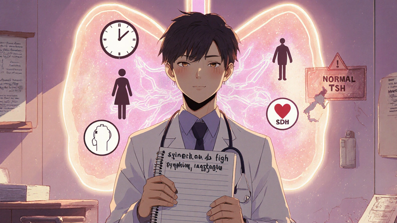 Patient holding symptom journal with floating health icons and glowing thyroid in doctor&#039;s office