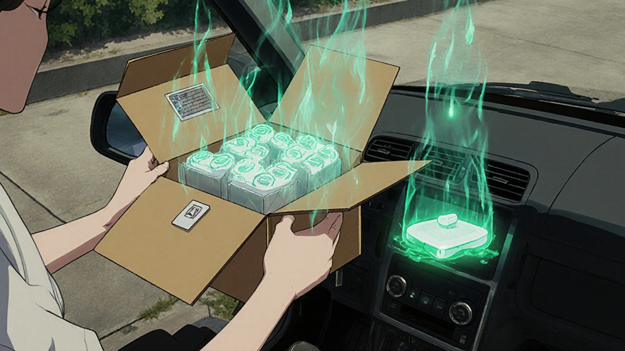 Patient opens insulated mail-order package with temperature tracker glowing green.