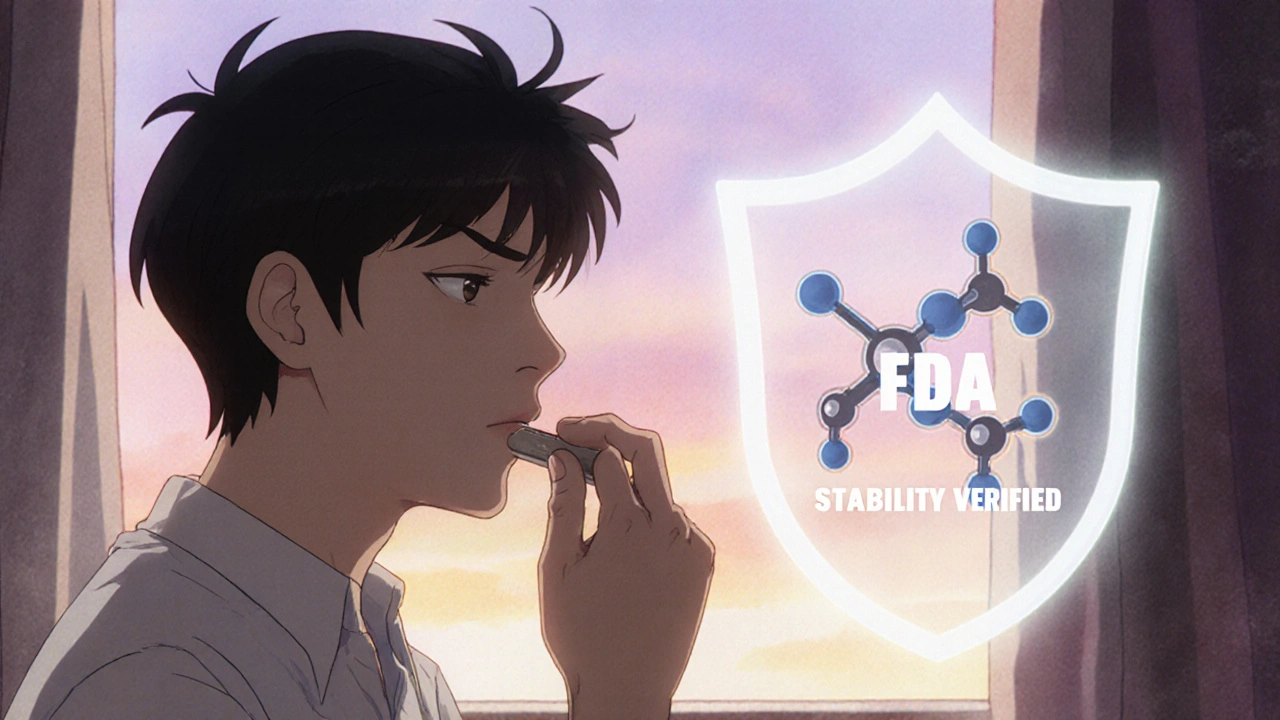 Patient taking pill protected by FDA stability shield in retro anime style