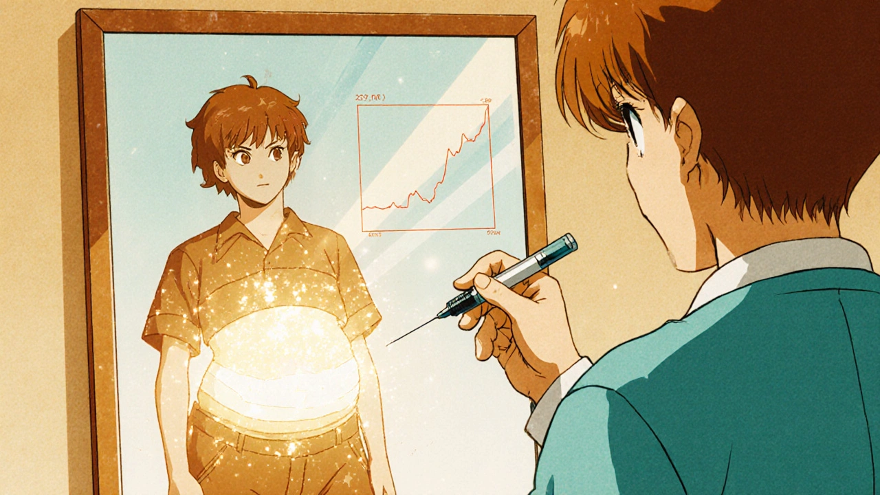 Person transforming as fat dissolves into light while holding a weekly injection pen, retro anime