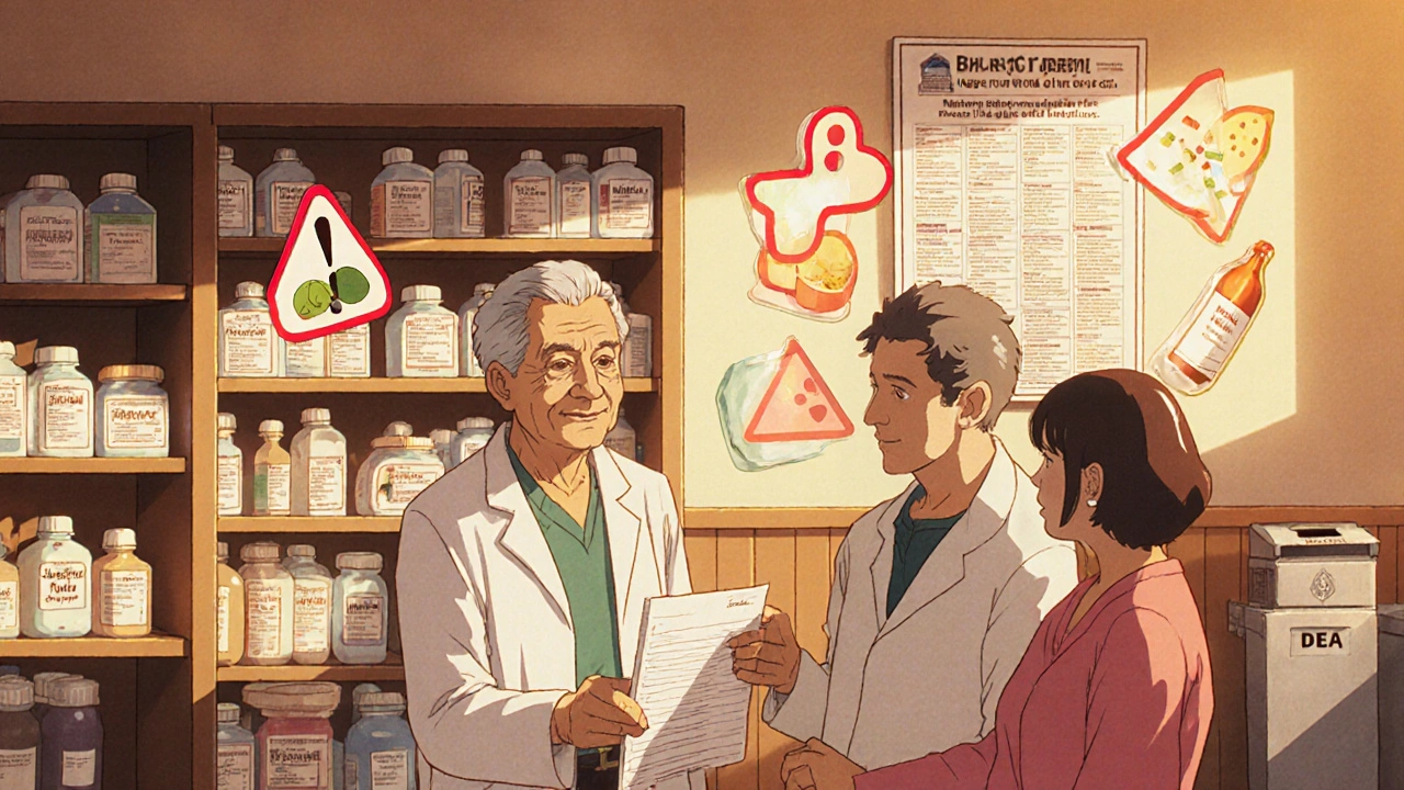 Pharmacist and caregiver reviewing medication list with warning icons for interactions in background.