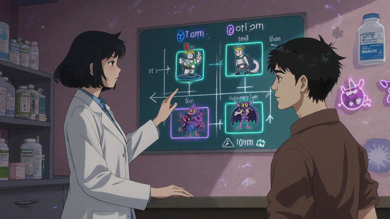 Pharmacist explaining timing chart with antibiotic knight defeating antacid demon in retro anime style.