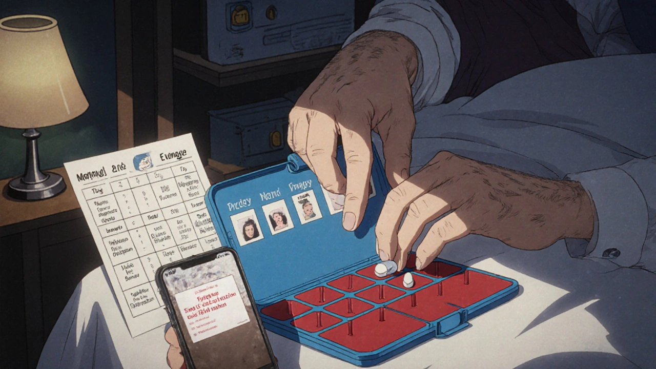 Senior man placing pills into a color-coded weekly organizer with a photo chart beside him.