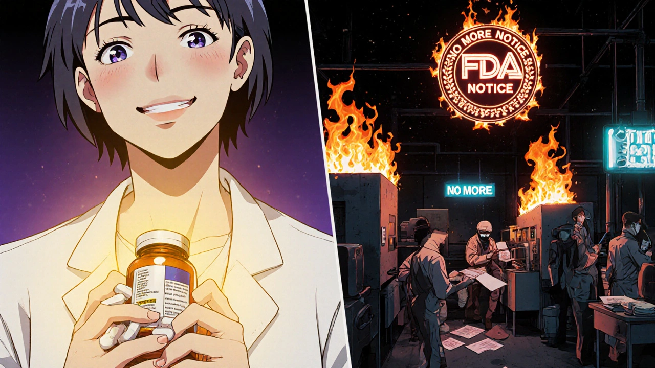 Split scene: happy patient with medicine vs. shadowy factory destroying documents under FDA enforcement sign.