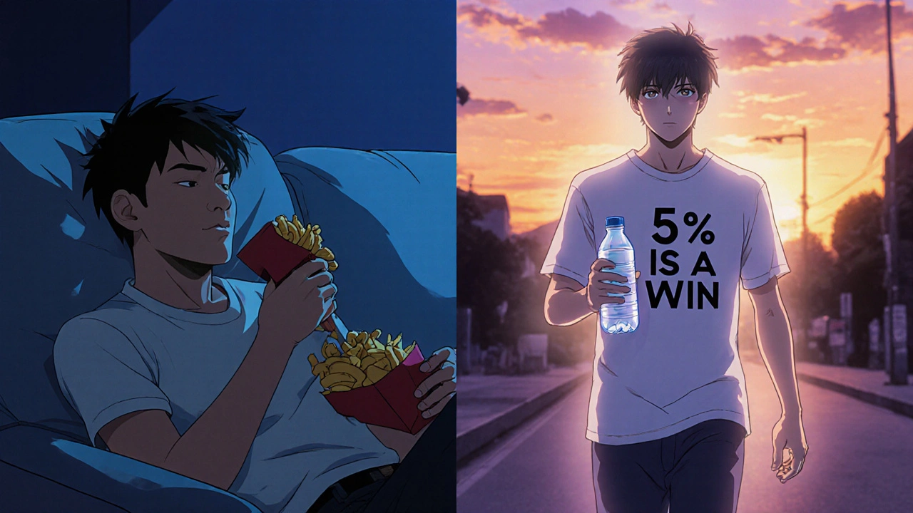 Split scene: man eating fast food vs. walking at sunset, fading ghost of former self, &#039;5% Is a Win&#039; shirt.