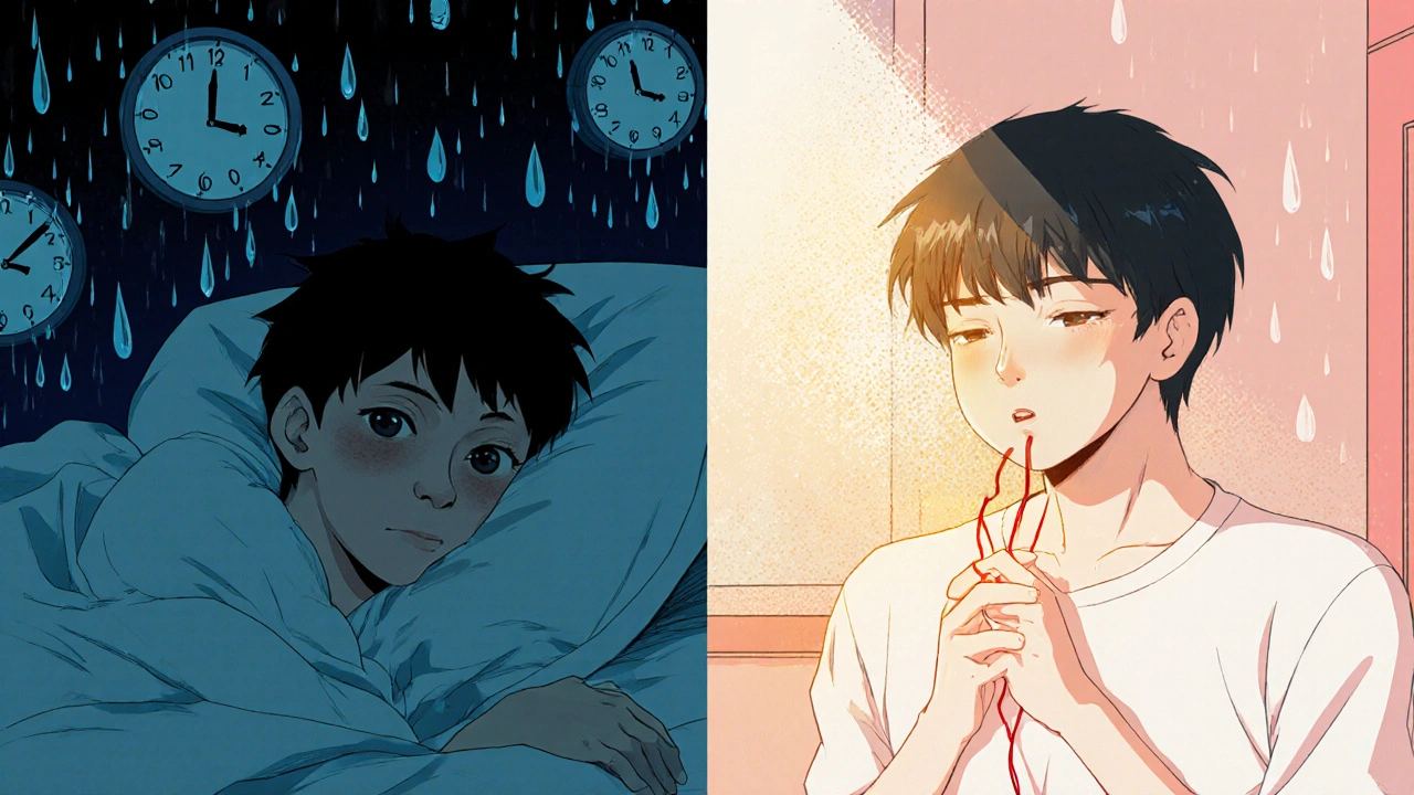 Split scene: one side shows sleepless despair, the other shows calm recovery with golden healing light.