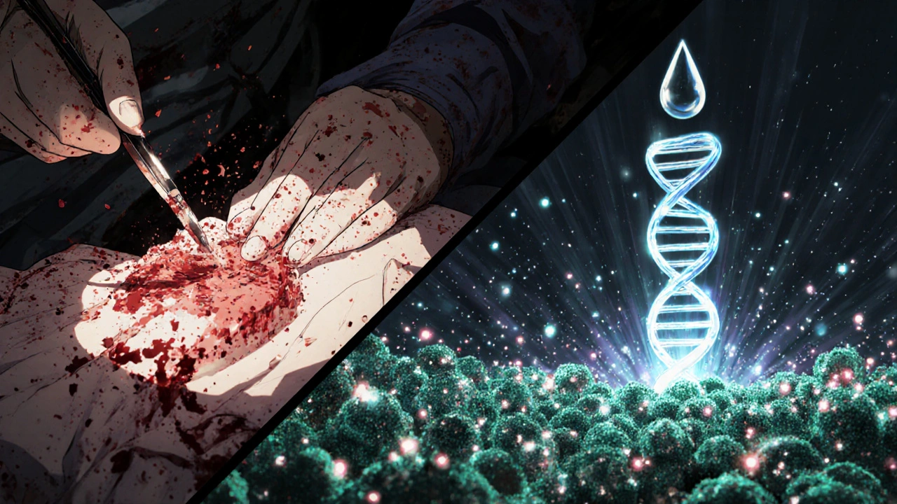 Split scene: risky tissue biopsy on left, gentle blood draw with transforming DNA on right.