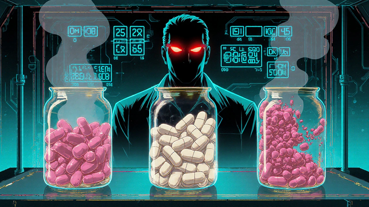 Stability chamber with pill batches under different temperatures in retro anime style