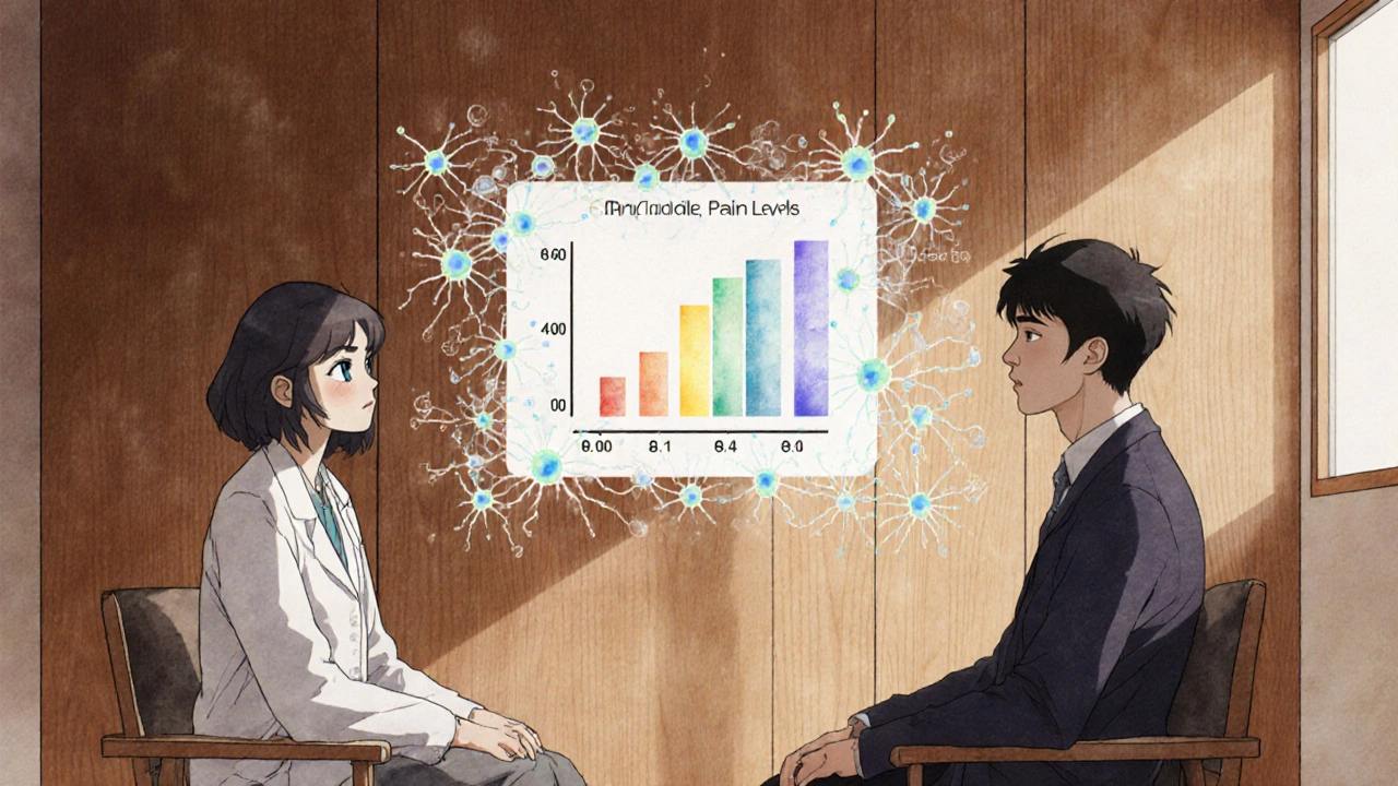 Therapist and patient viewing a holographic sleep-pain chart, neurons glowing as connection returns.