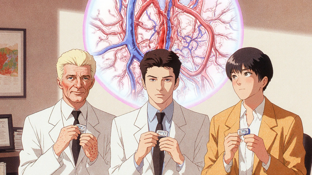 Three patients with skin conditions smiling as animated blood vessels glow behind them