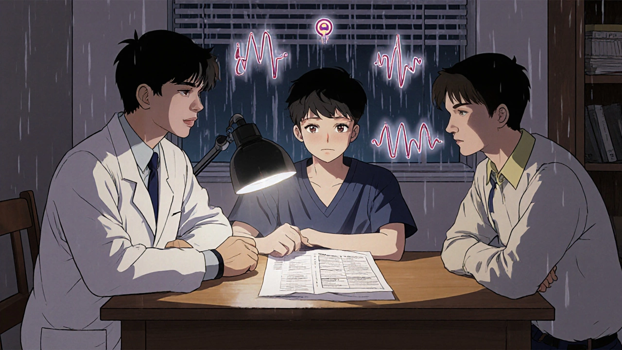 Two doctors reviewing a survivorship plan at a kitchen table with medical symbols hovering nearby