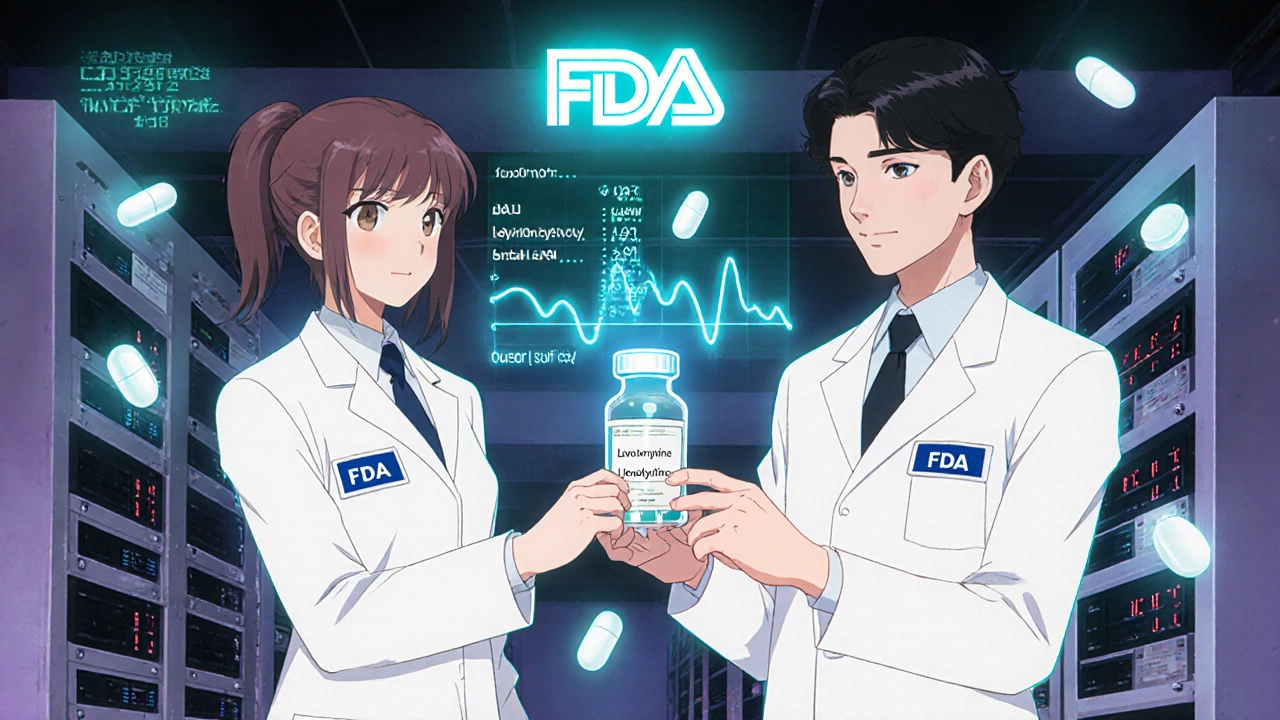 Two pharmacists verifying medication with holographic data displays in a glowing lab.