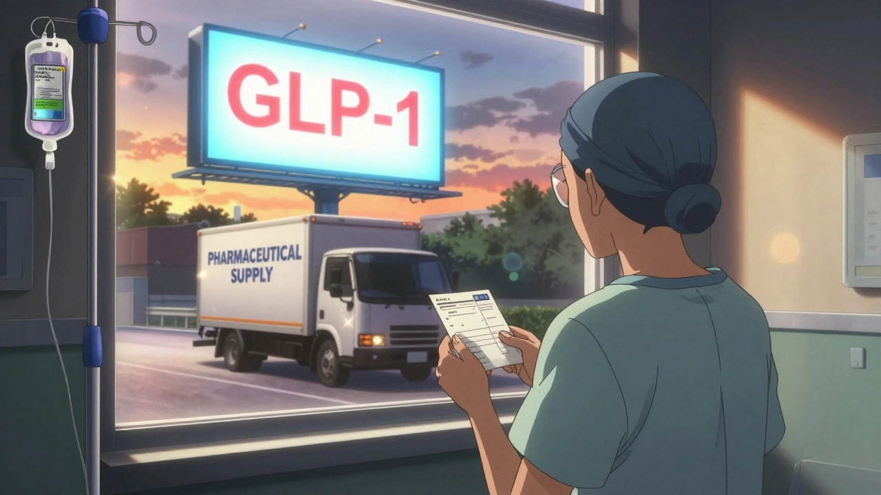 A cancer patient watches an empty pharmaceutical truck drive away under a glowing drug billboard.