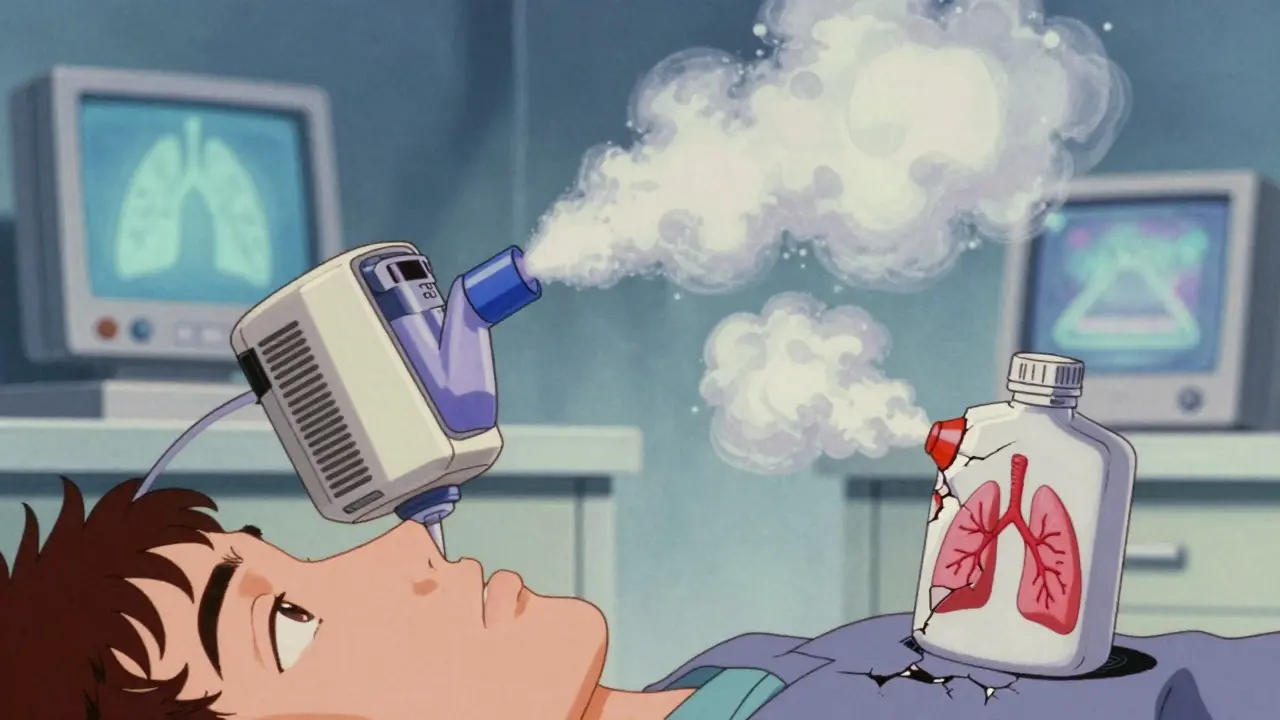 A complex inhaler emitting precise aerosol clouds beside a faulty generic version, in 80s anime style.