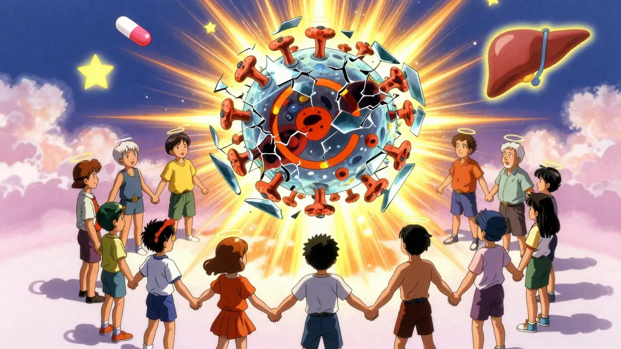 A diverse group holding hands as a broken hepatitis C virus releases golden light, with a healthy liver in the sky.