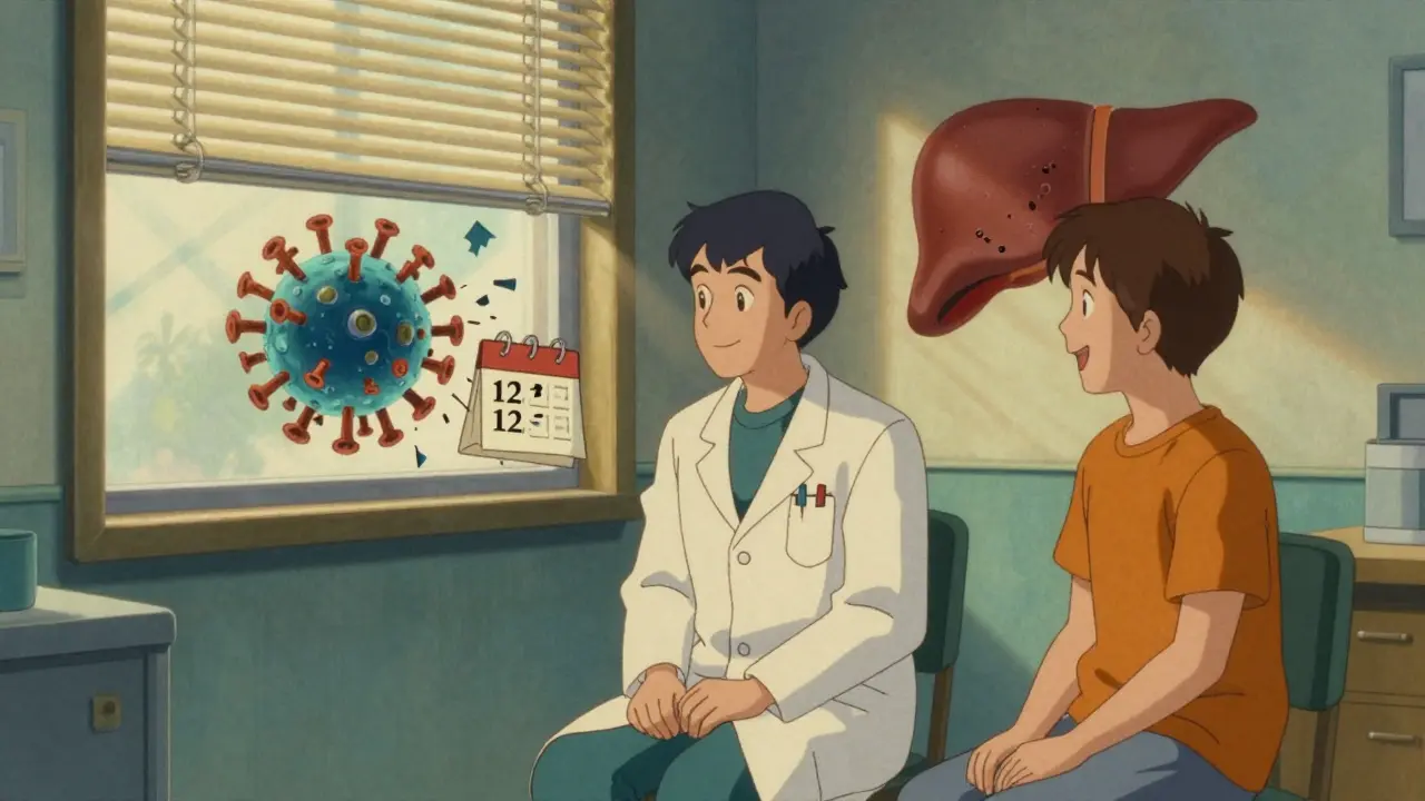 A doctor and patient in a clinic as a virus shatters into pixels, sunlight streaming through blinds.