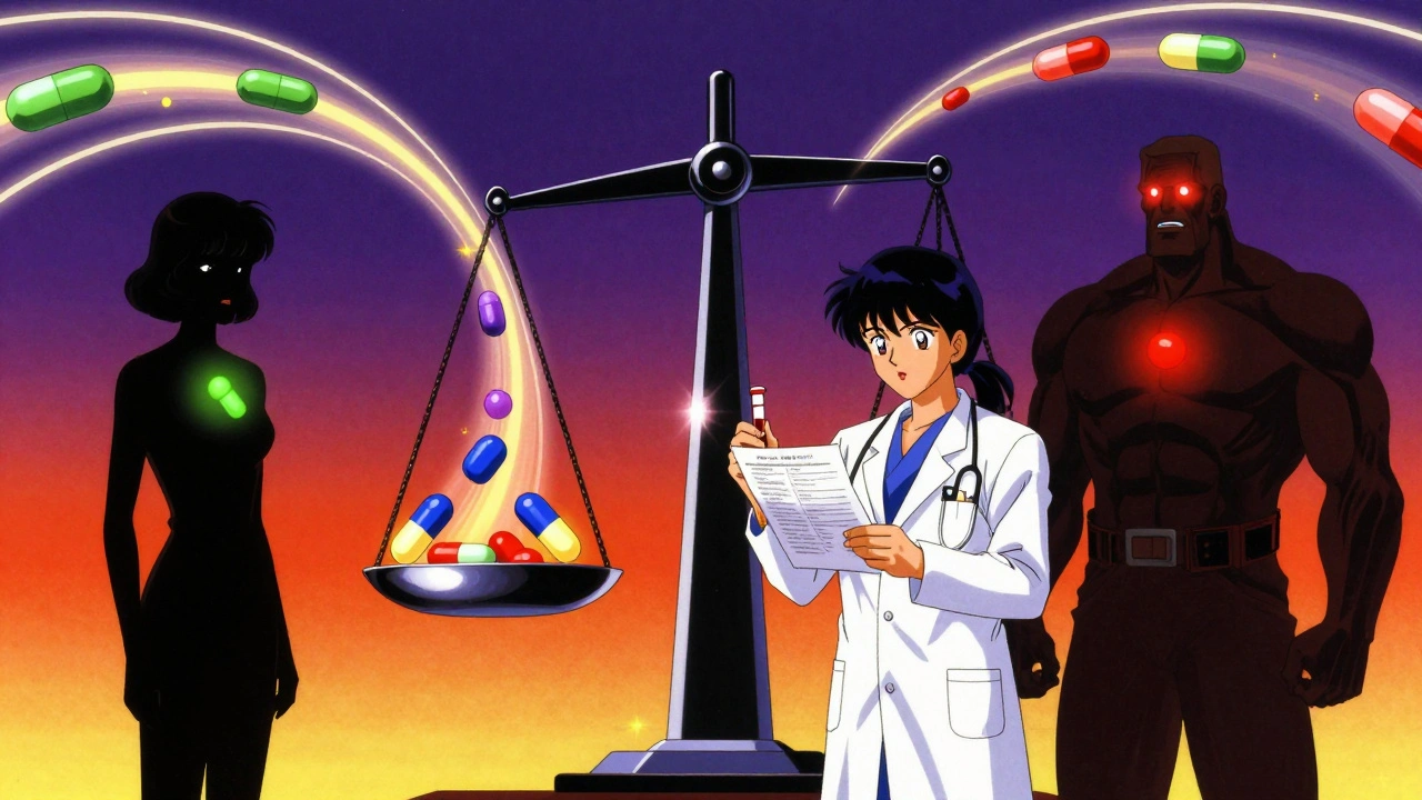 A doctor holds a genetic report as two patient silhouettes face opposite warfarin doses, vitamin K and clotting proteins swirling in a dramatic balance.