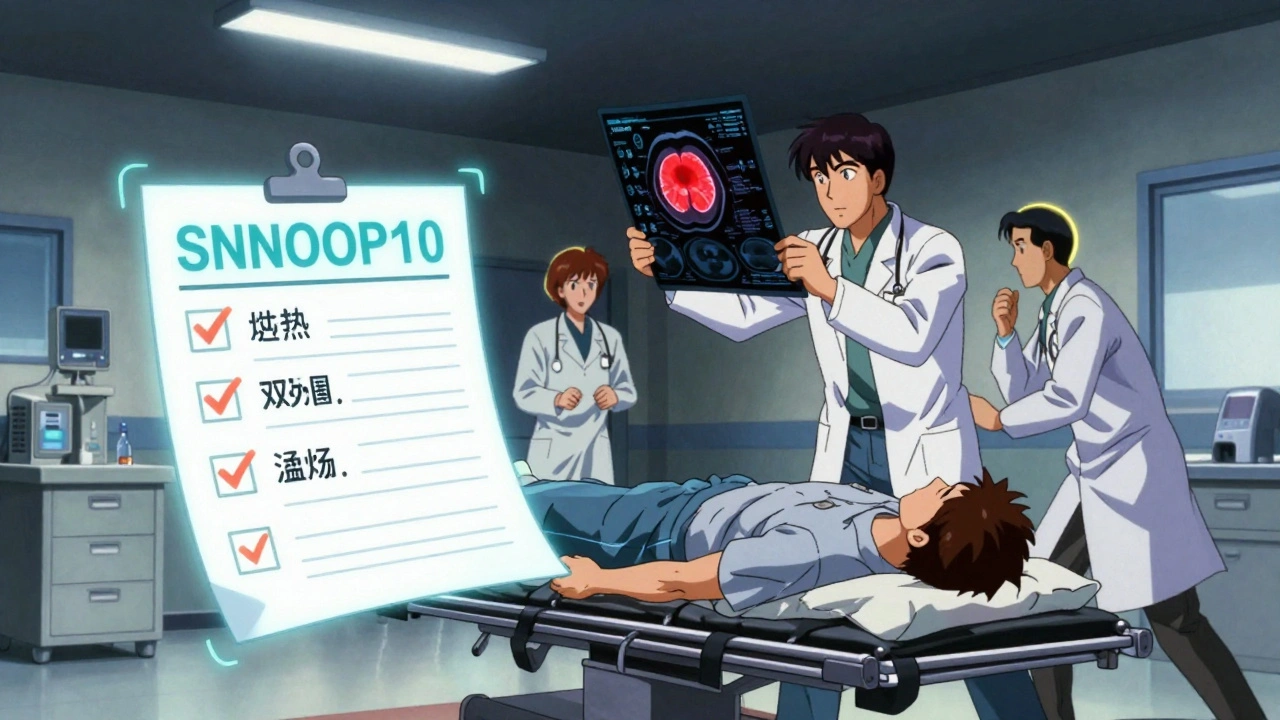 A patient collapsing in an ER as doctors rush in, with a glowing CT scan showing a brain bleed and SNNOOP10 checklist floating nearby.