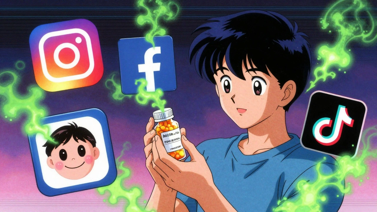 A person holding fake pills from social media, surrounded by toxic fumes and hollow digital logos.