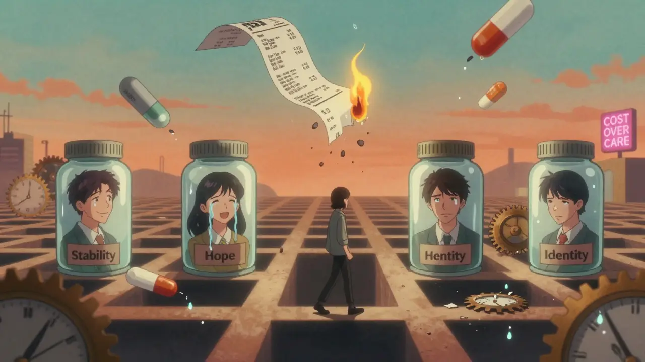 A person walking through a maze of floating prescription labels and trapped versions of themselves in a surreal retro anime dreamscape.