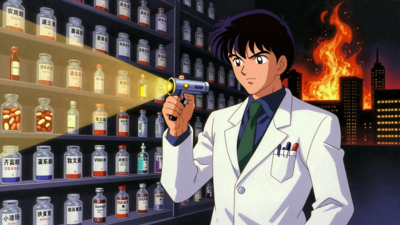 A pharmacist uses a device to reveal toxins in fake drugs, with ads burning away in the background.