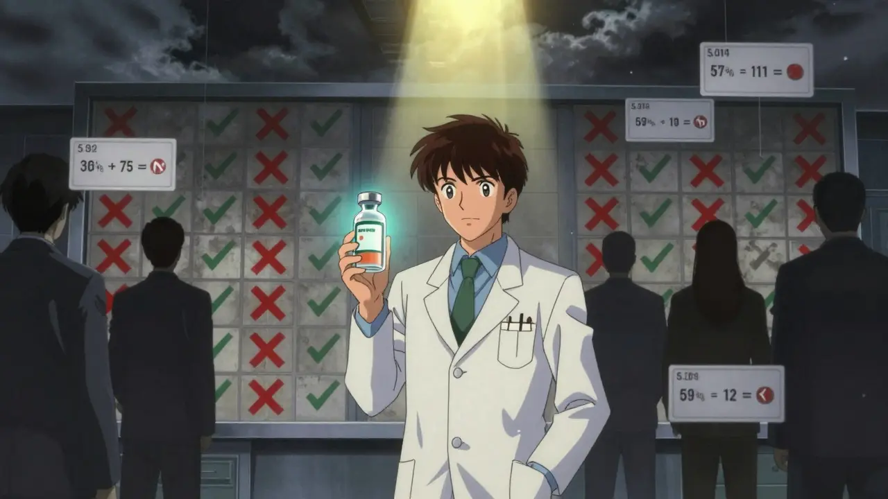 A scientist holding a drug vial before a wall of rejection stamps, under stormy skies in vintage anime style.
