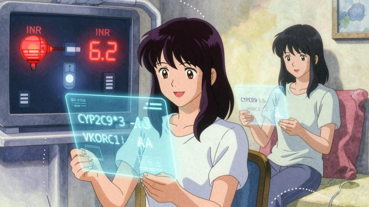 A young woman smiles at her genetic test results showing CYP2C9*3 and VKORC1 AA, with past ER chaos and present calm on split screens.