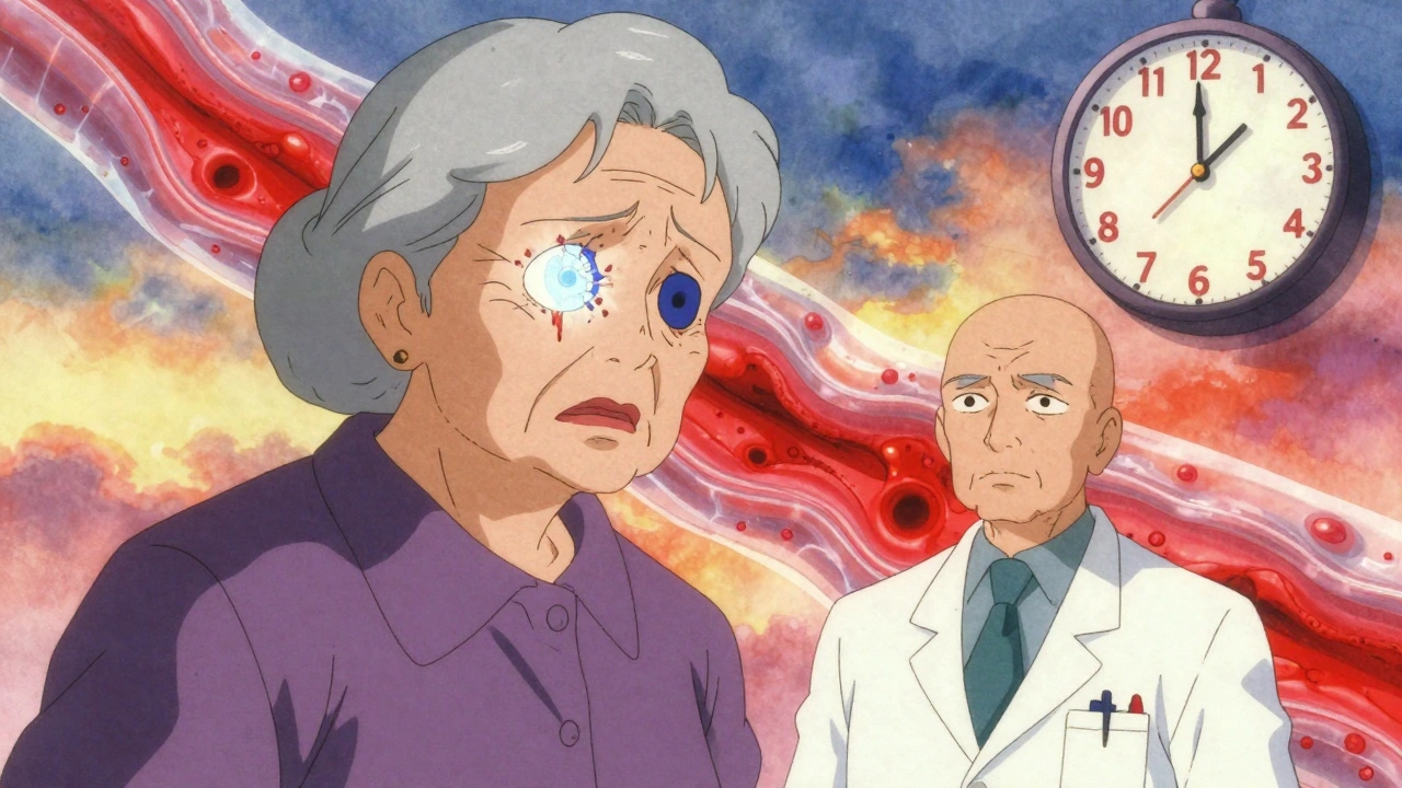 An elderly woman with distorted vision and a glowing inflamed artery behind her, symbolizing giant cell arteritis.