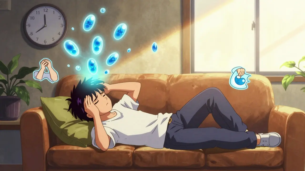 Anime character suffering keto flu with floating symptoms, blue ketone molecules glowing as light enters the room.