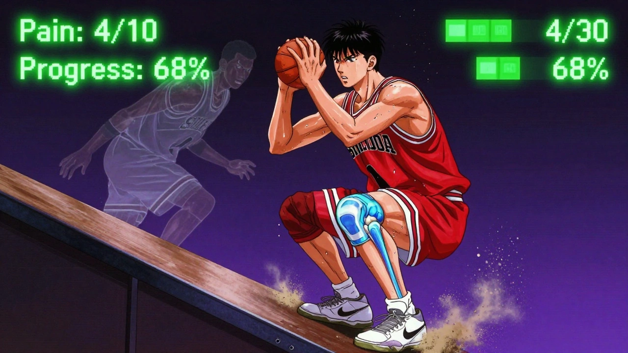 Basketball player doing decline squat with visible tendon reconstruction, anime style.