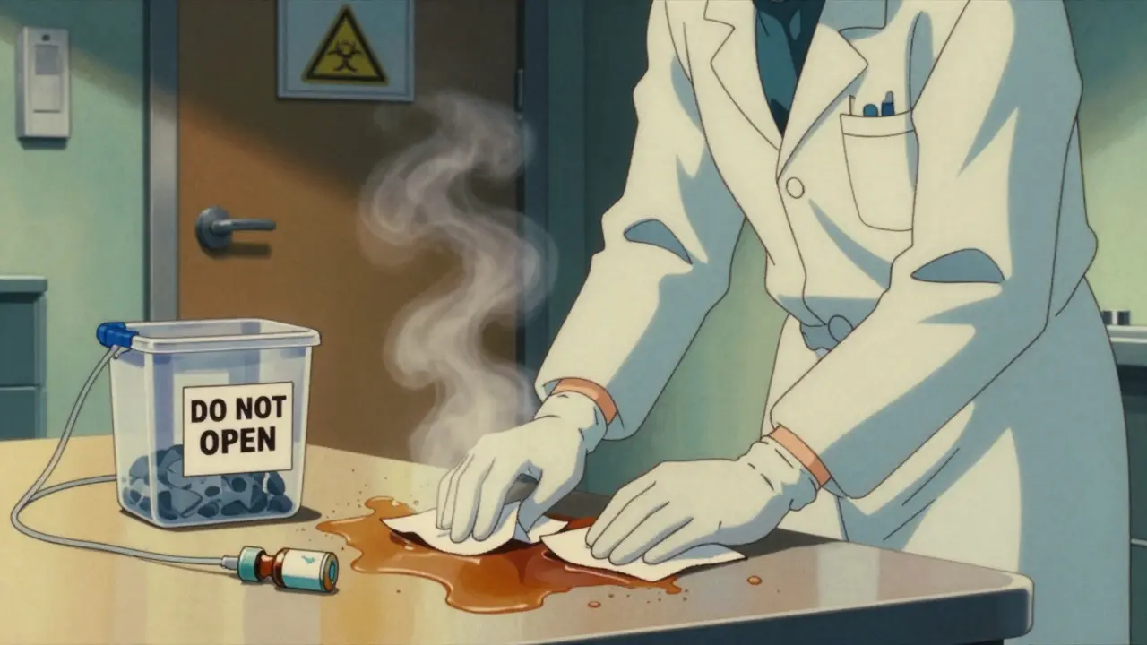 Caregiver in protective gear cleaning a chemotherapy spill with absorbent pads.