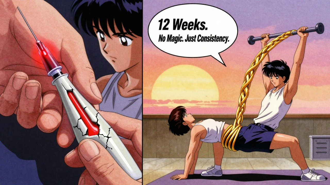 Contrast of injection damaging tendon vs eccentric training rebuilding it, retro anime aesthetic.