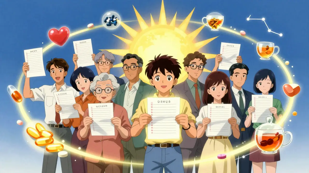 Diverse group holding medication lists surrounded by glowing supplement icons.