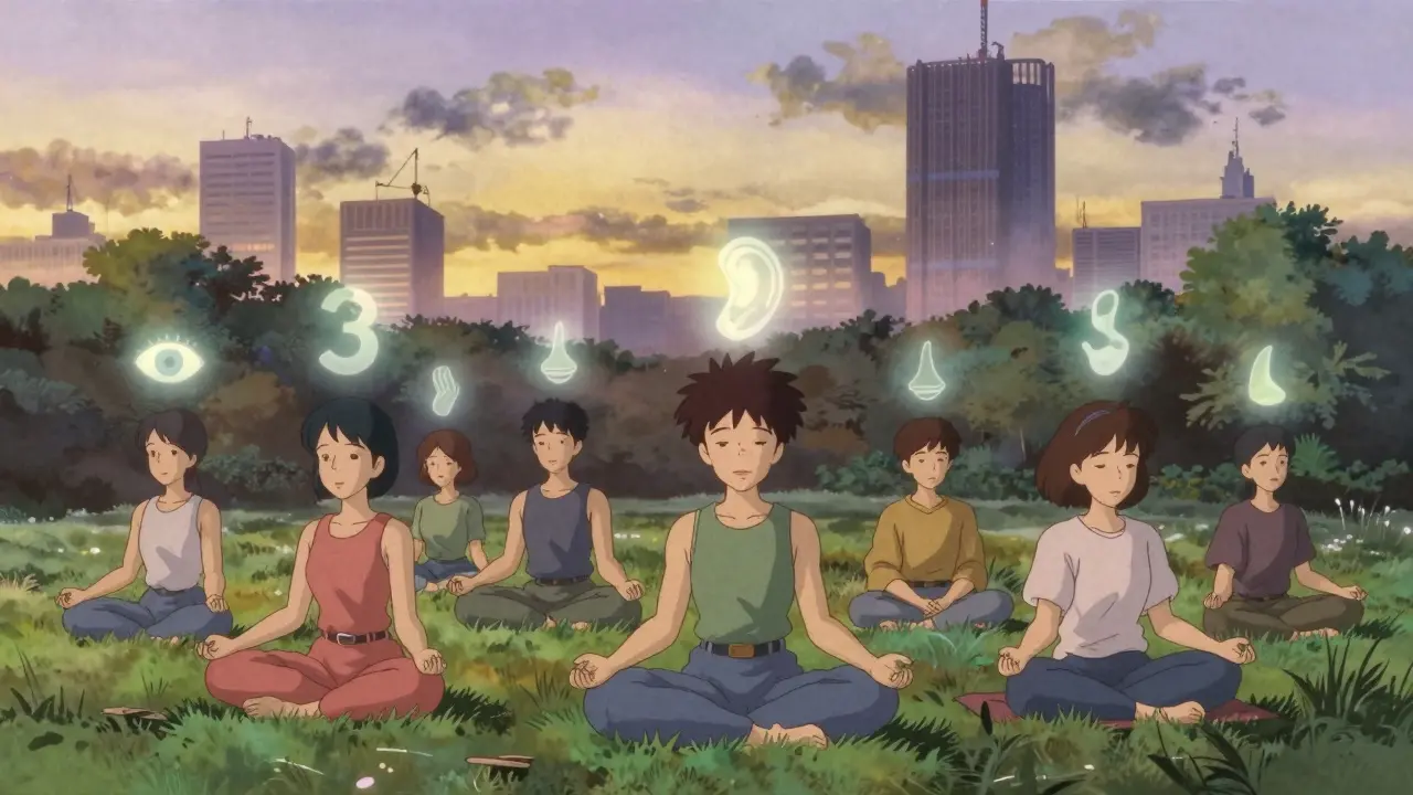 Diverse group practicing mindfulness in a park with floating sensory symbols under a dawn sky in retro anime style.